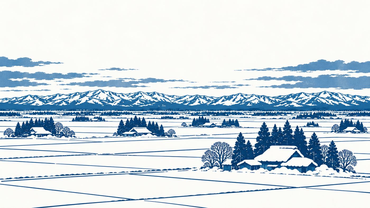 雪に覆われた田と農家